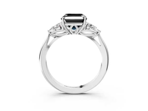 Platinum Asscher Cut Three Stone Pear Side Engagement Ring Setting for Black Center