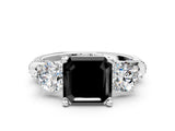 White gold Fancy Black Asscher Cut Diamond Three-Stone Ring with Prong Setting and Pavé Band