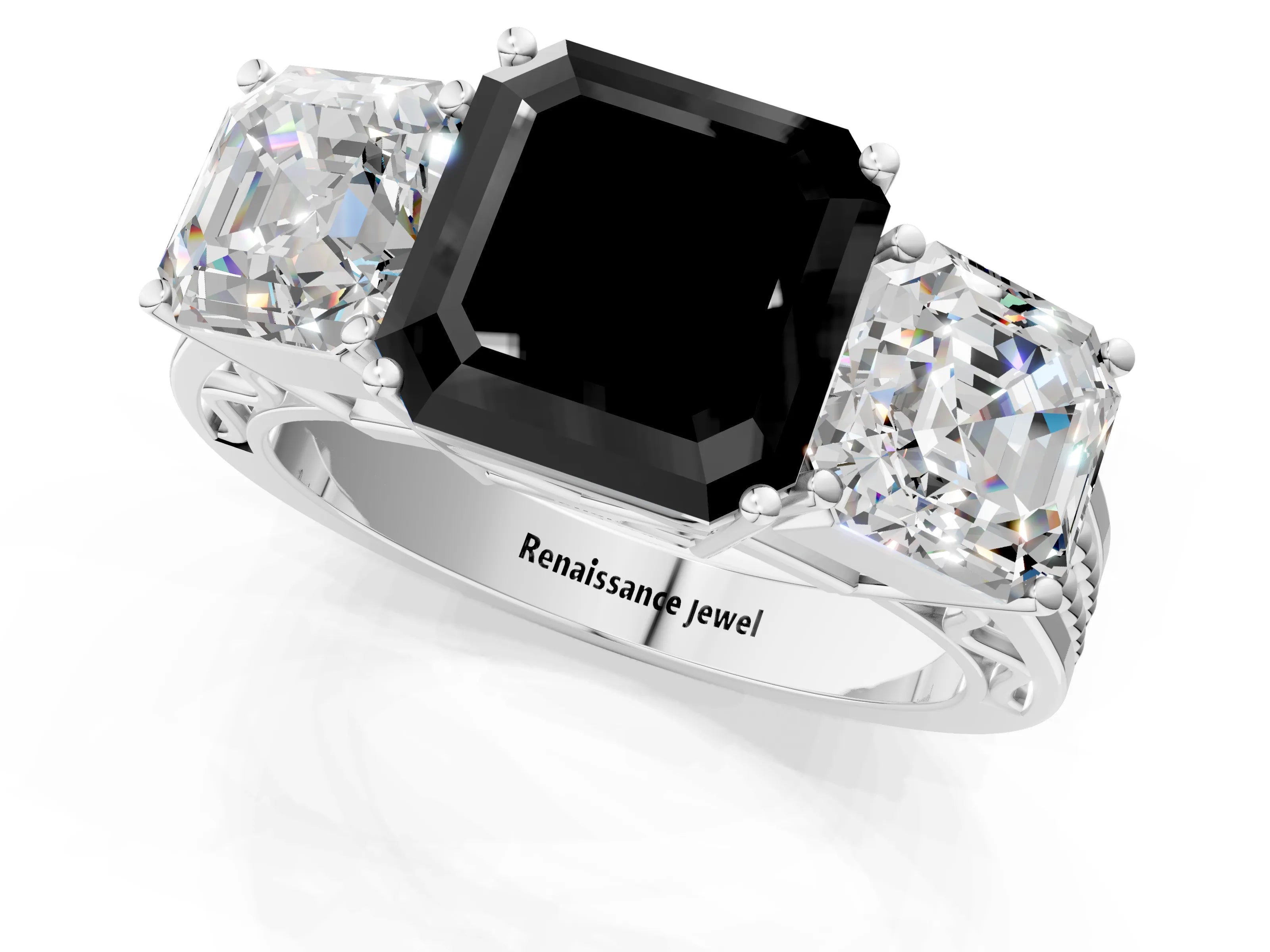 White gold Fancy Black Asscher Cut Diamond Three-Stone Ring with Prong Setting and Textured Band_1
