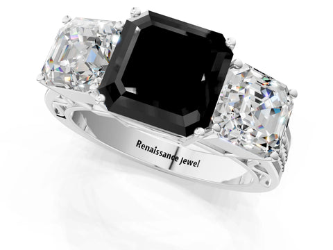 White gold Fancy Black Asscher Cut Diamond Three-Stone Ring with Prong Setting and Textured Band_1