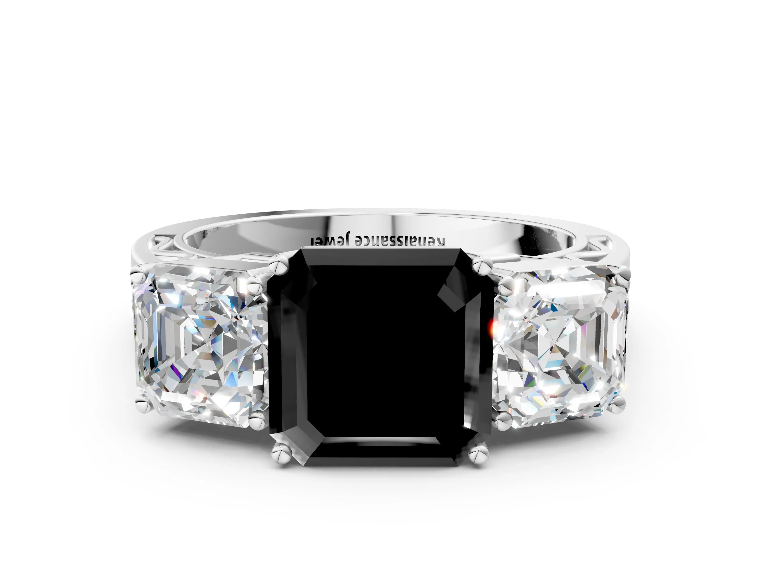 White gold Fancy Black Asscher Cut Diamond Three-Stone Ring with Prong Setting and Textured Band_24