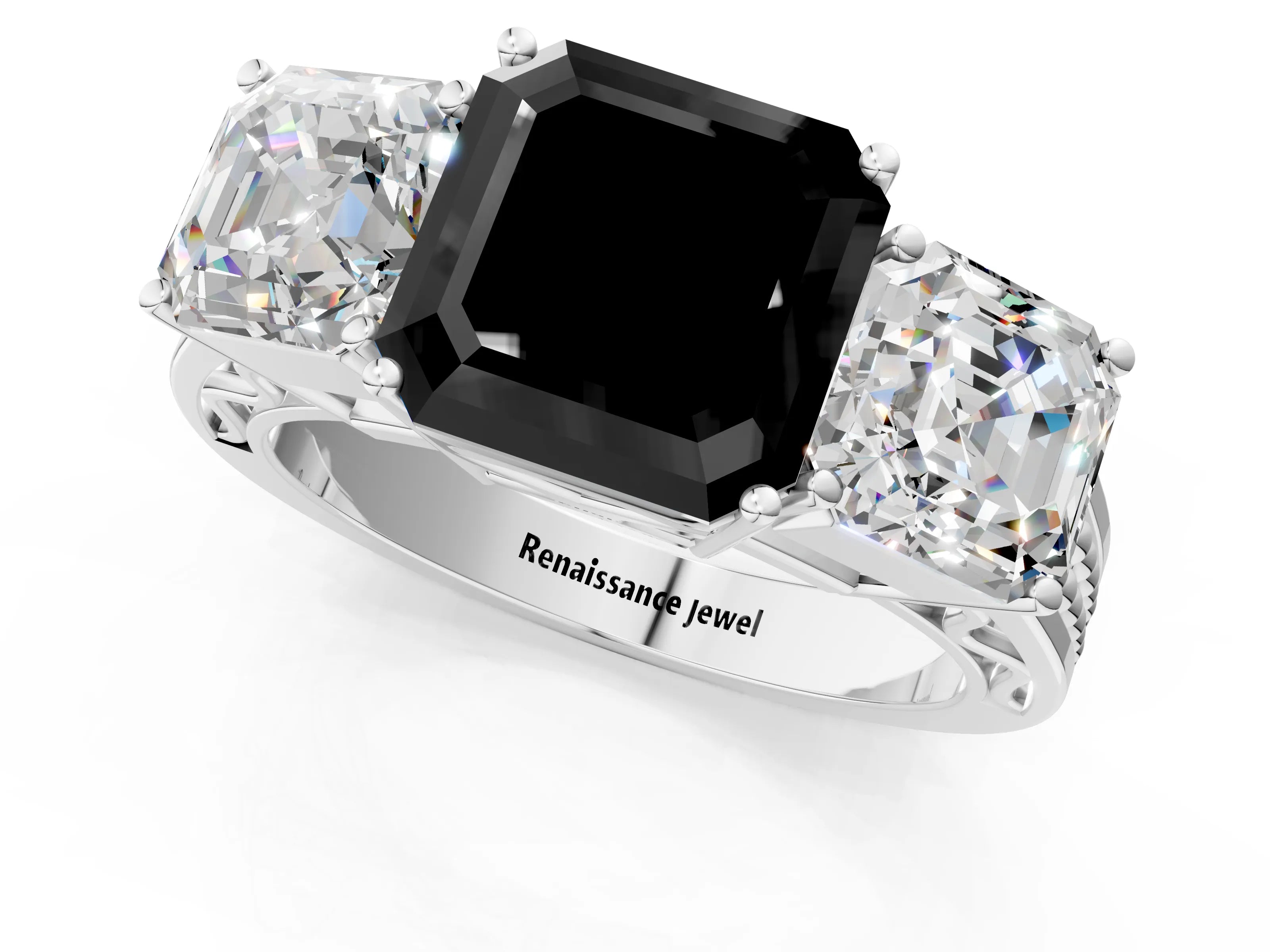 White gold Fancy Black Asscher Cut Diamond Three-Stone Ring with Prong Setting and Textured Band_25