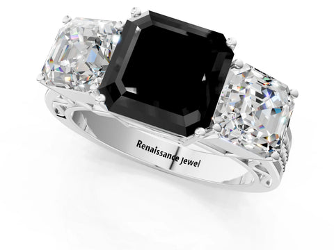White gold Fancy Black Asscher Cut Diamond Three-Stone Ring with Prong Setting and Textured Band_25
