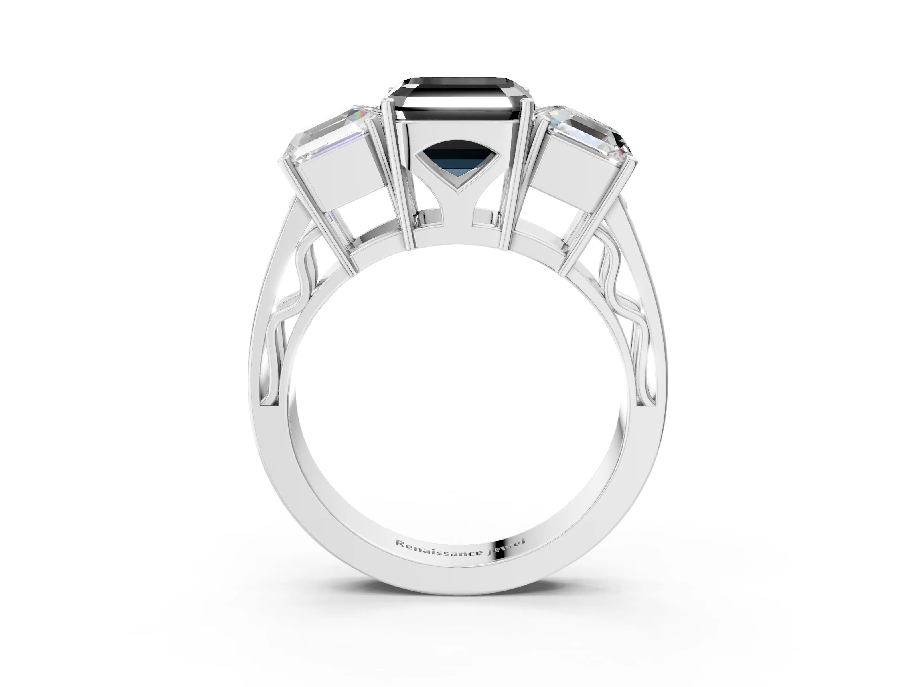 White gold Fancy Black Asscher Cut Diamond Three-Stone Ring with Prong Setting and Textured Band_27