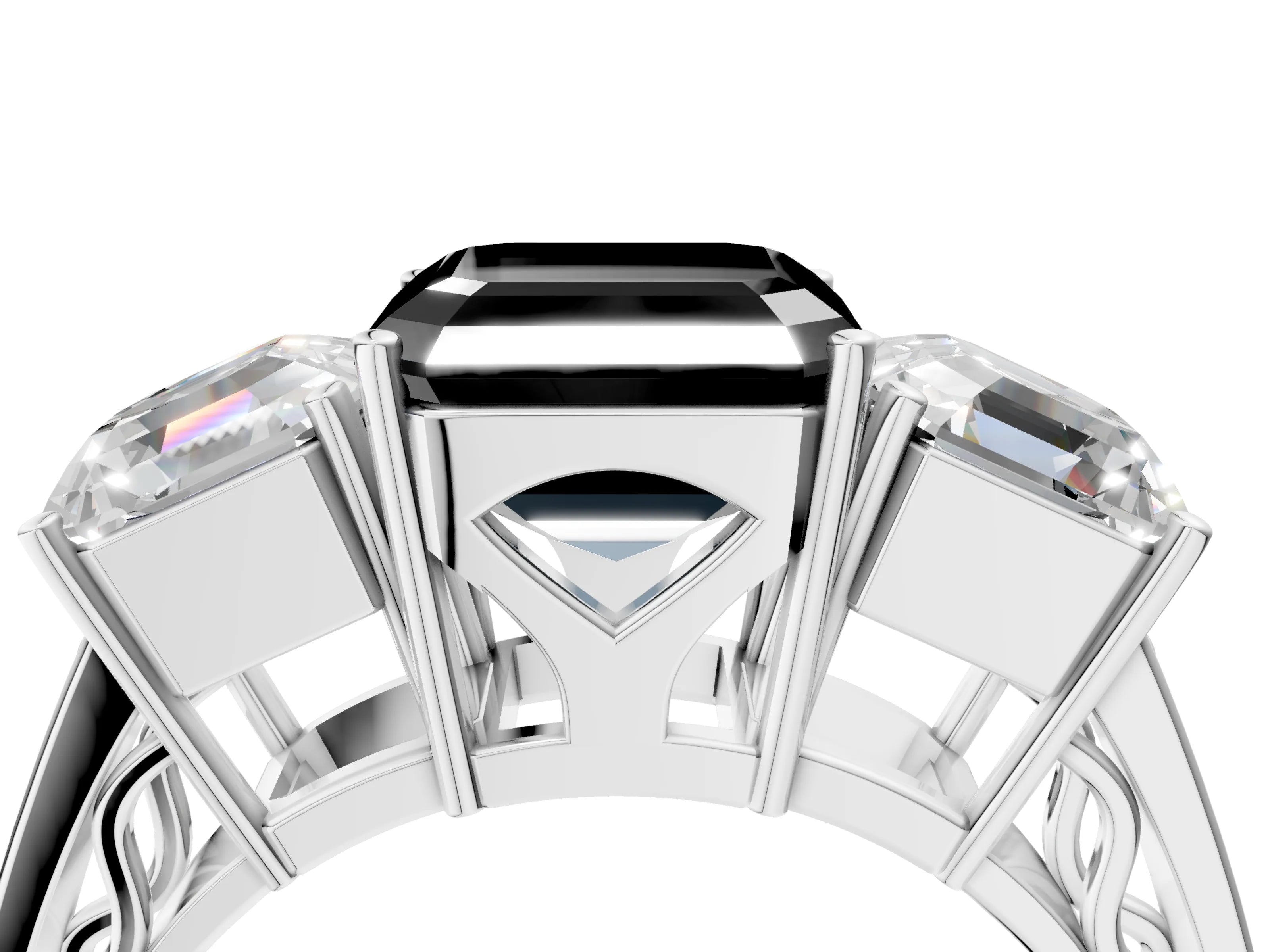 White gold Fancy Black Asscher Cut Diamond Three-Stone Ring with Prong Setting and Textured Band_28