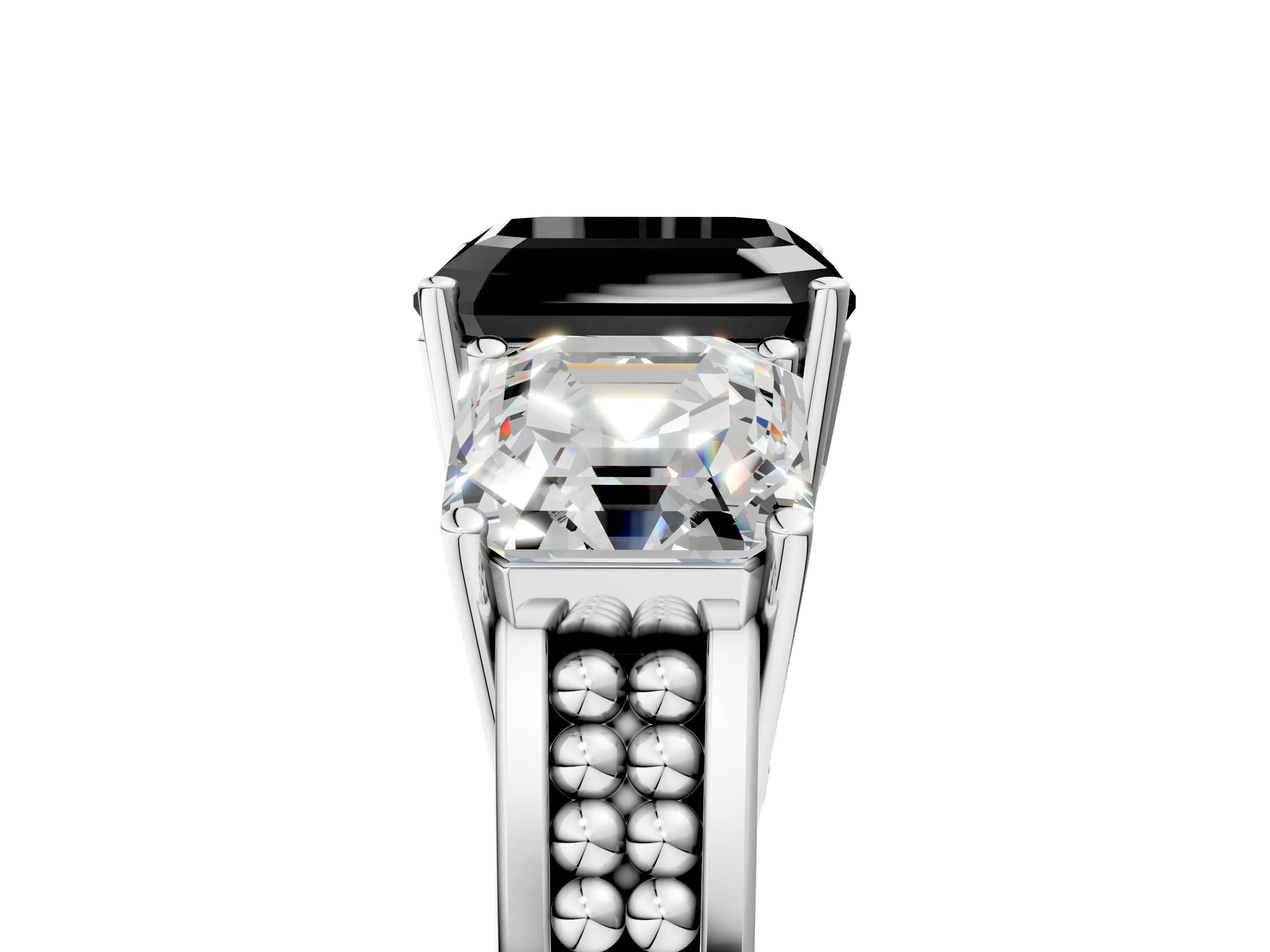 White gold Fancy Black Asscher Cut Diamond Three-Stone Ring with Prong Setting and Textured Band_29