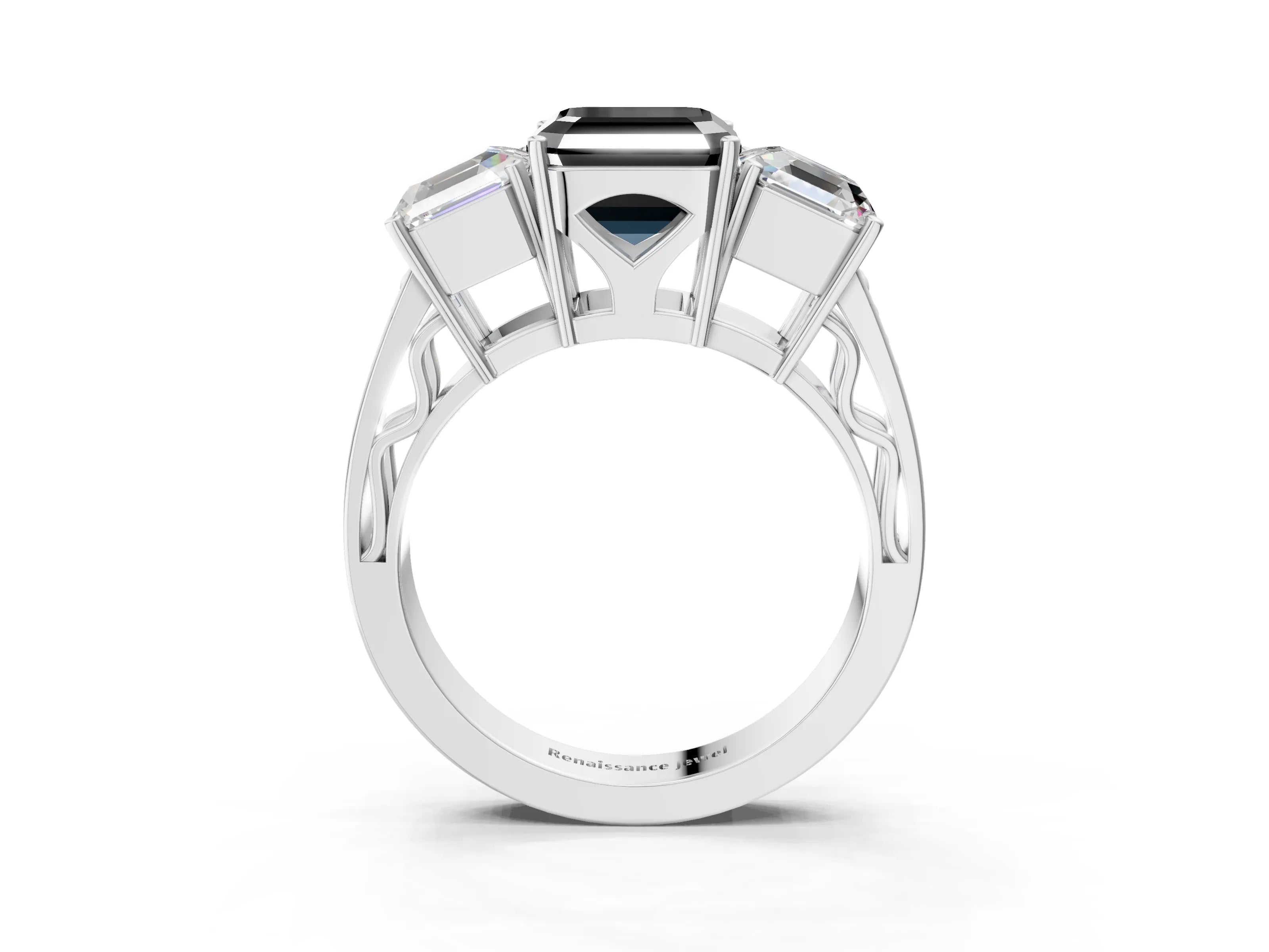 White gold Fancy Black Asscher Cut Diamond Three-Stone Ring with Prong Setting and Textured Band_3