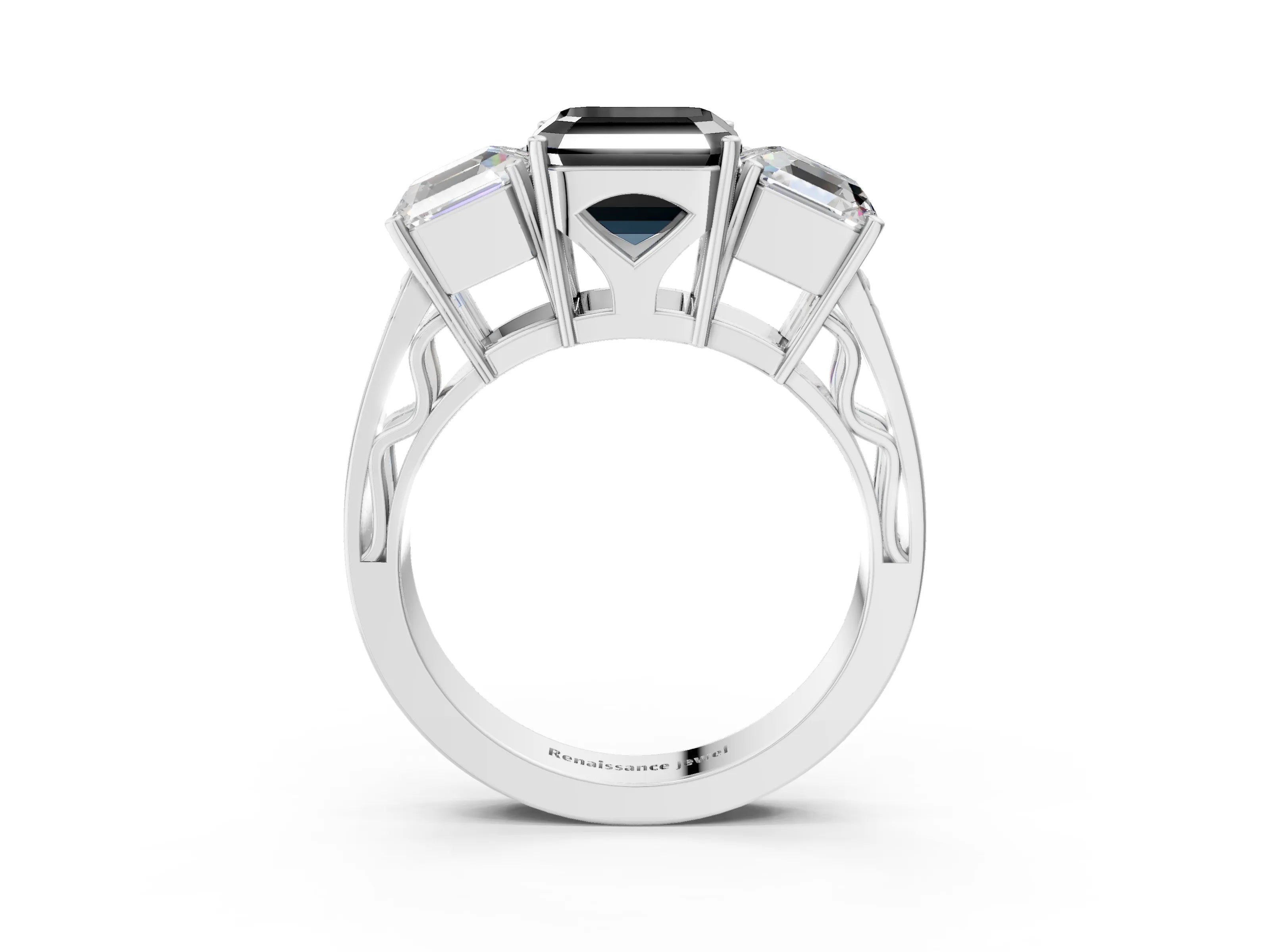 White gold Fancy Black Asscher Cut Diamond Three-Stone Ring with Prong Setting and Textured Band_33