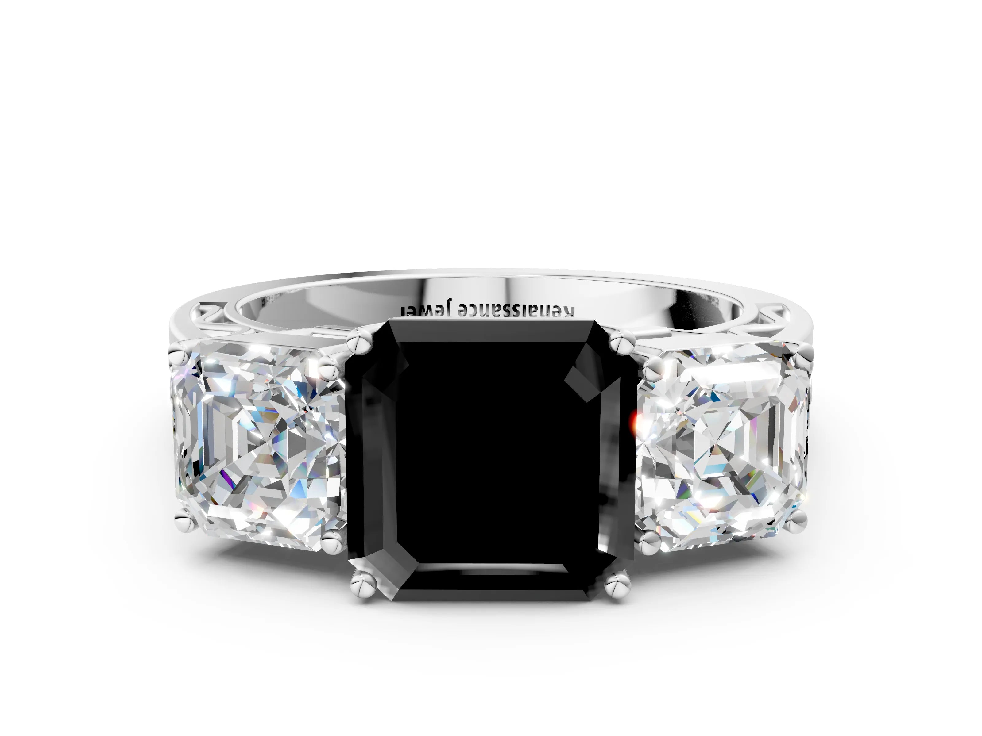 White gold Fancy Black Asscher Cut Diamond Three-Stone Ring with Prong Setting and Textured Band_34