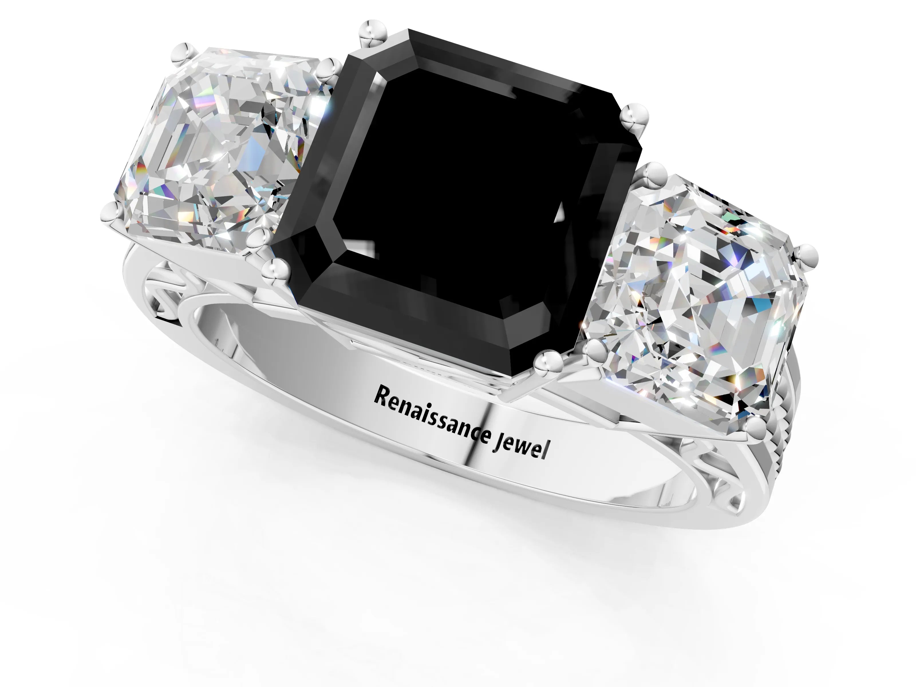 White gold Fancy Black Asscher Cut Diamond Three-Stone Ring with Prong Setting and Textured Band_35
