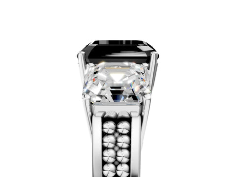 White gold Fancy Black Asscher Cut Diamond Three-Stone Ring with Prong Setting and Textured Band_35