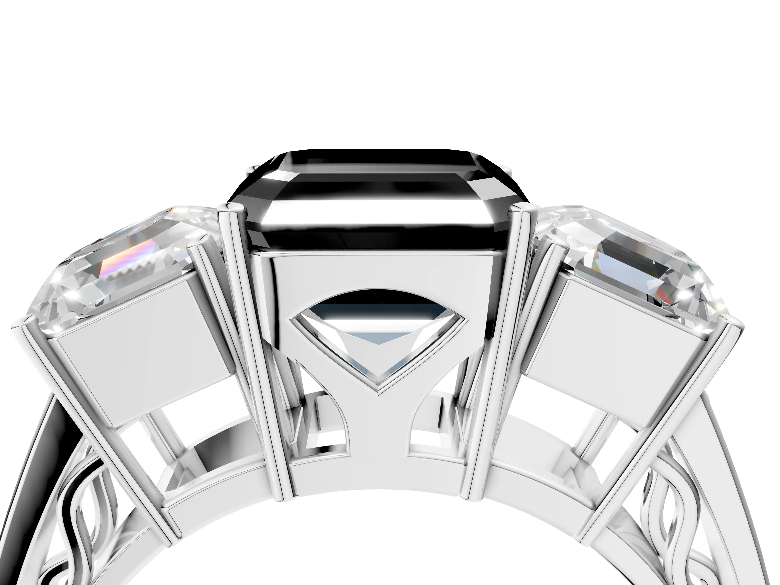 White gold Fancy Black Asscher Cut Diamond Three-Stone Ring with Prong Setting and Textured Band_38