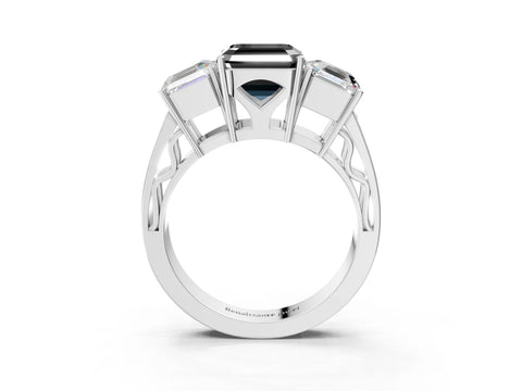 White gold Fancy Black Asscher Cut Diamond Three-Stone Ring with Prong Setting and Textured Band_3