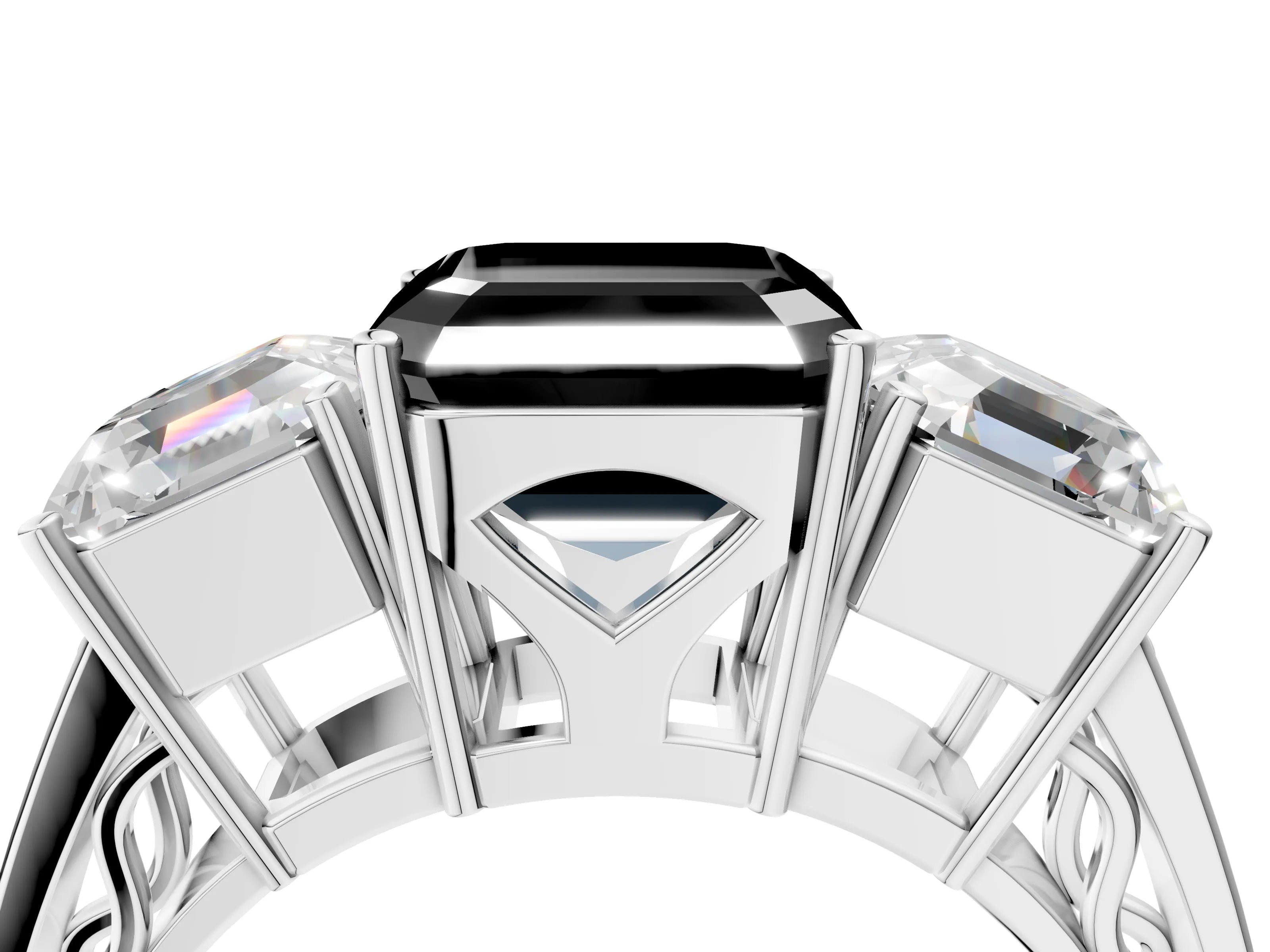 White gold Fancy Black Asscher Cut Diamond Three-Stone Ring with Prong Setting and Textured Band_4