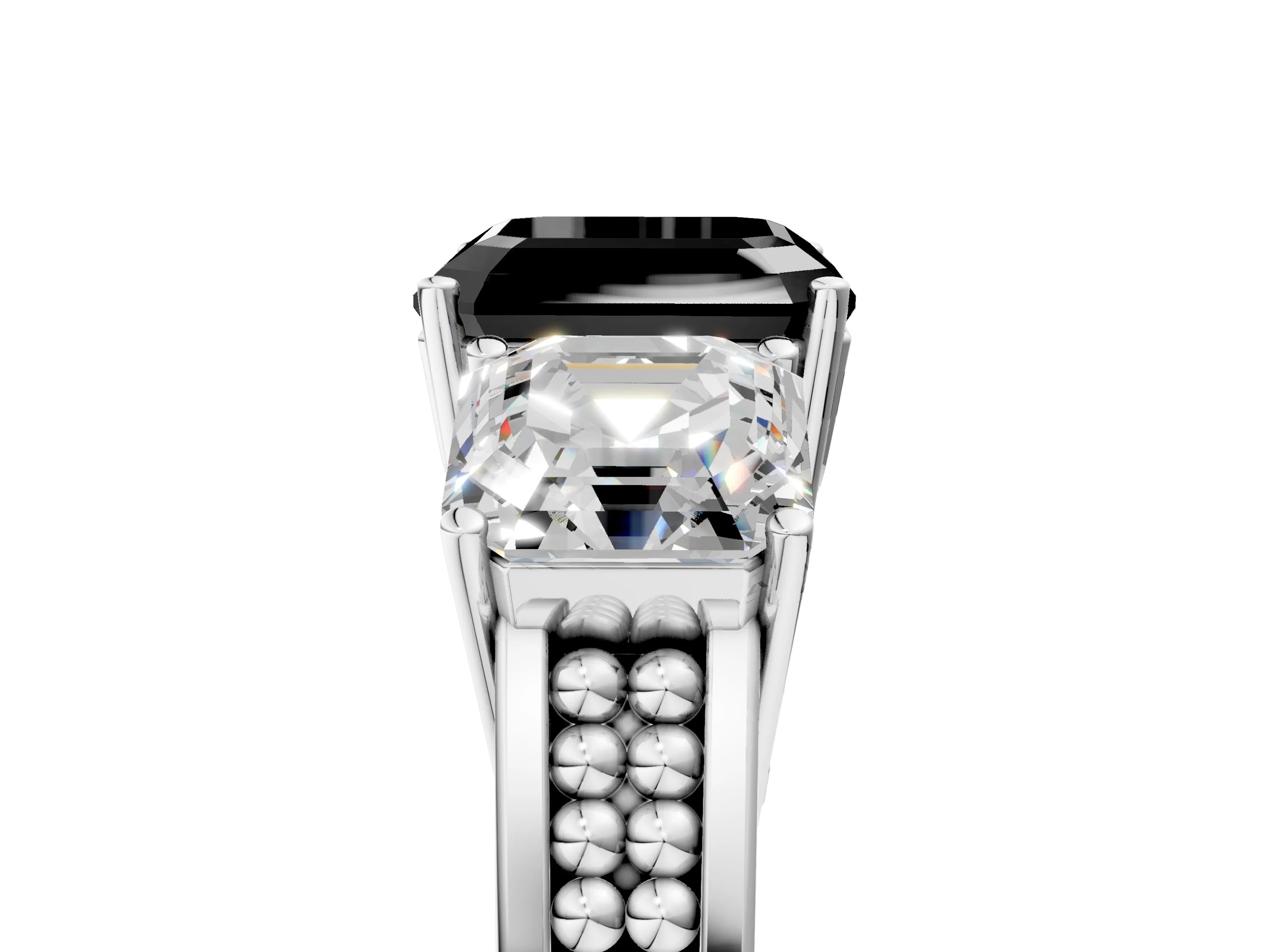 White gold Fancy Black Asscher Cut Diamond Three-Stone Ring with Prong Setting and Textured Band_5