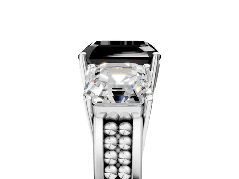 White gold Fancy Black Asscher Cut Diamond Three-Stone Ring with Prong Setting and Textured Band_5