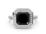 White gold Fancy Black Asscher Cut Halo Bezel Diamond Pave Band Ring