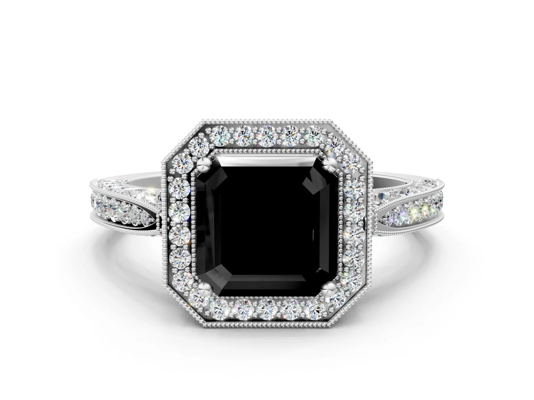 White gold Fancy Black Asscher Cut Halo Diamond Engagement Ring with Split Shank Band and Four-Prong Setting_12