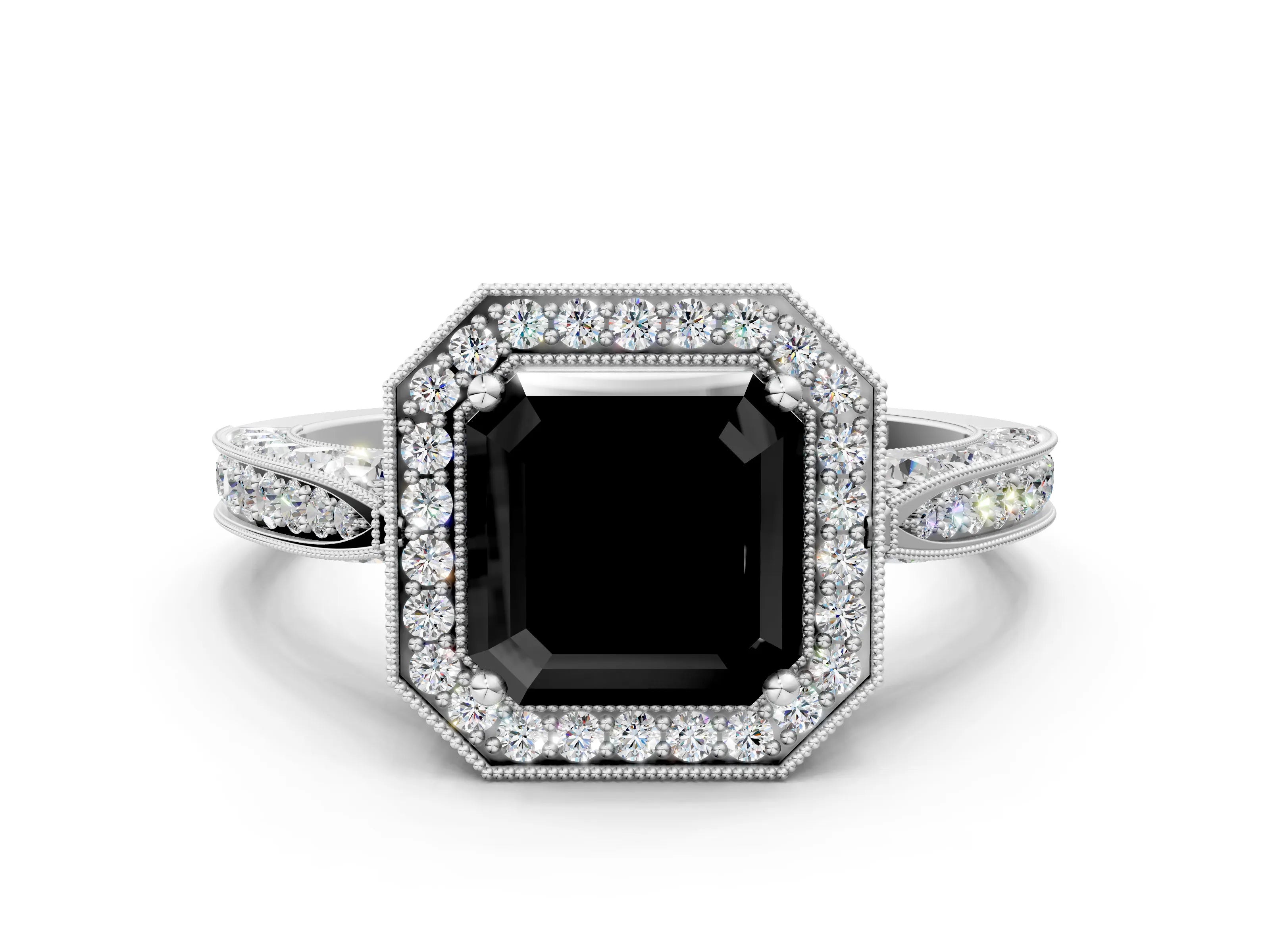 White gold Fancy Black Asscher Cut Halo Diamond Engagement Ring with Split Shank Band and Four-Prong Setting_12