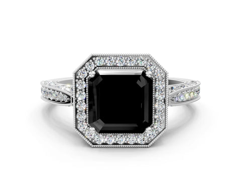 White gold Fancy Black Asscher Cut Halo Diamond Engagement Ring with Split Shank Band and Four-Prong Setting_12