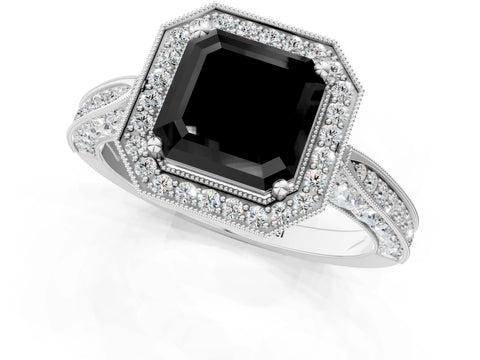White gold Fancy Black Asscher Cut Halo Diamond Engagement Ring with Split Shank Band and Four-Prong Setting_13