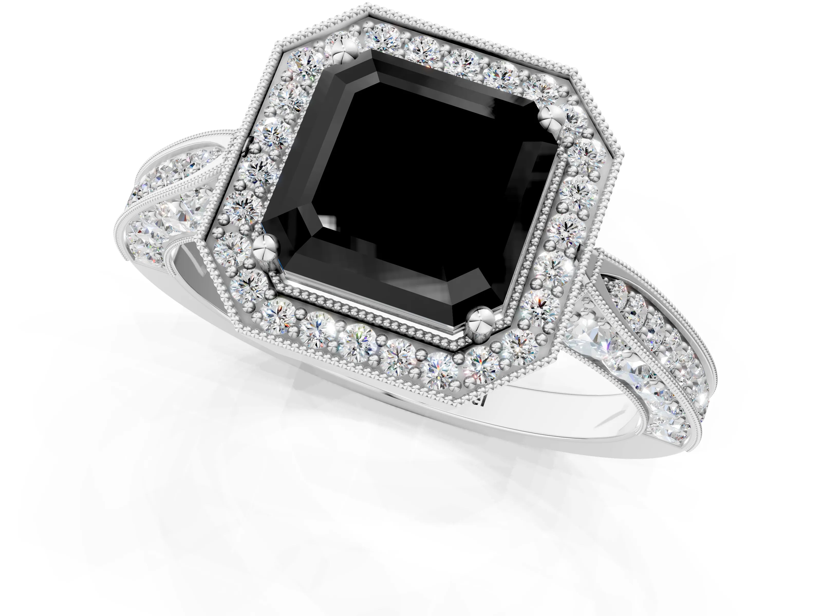 White gold Fancy Black Asscher Cut Halo Diamond Engagement Ring with Split Shank Band and Four-Prong Setting_13