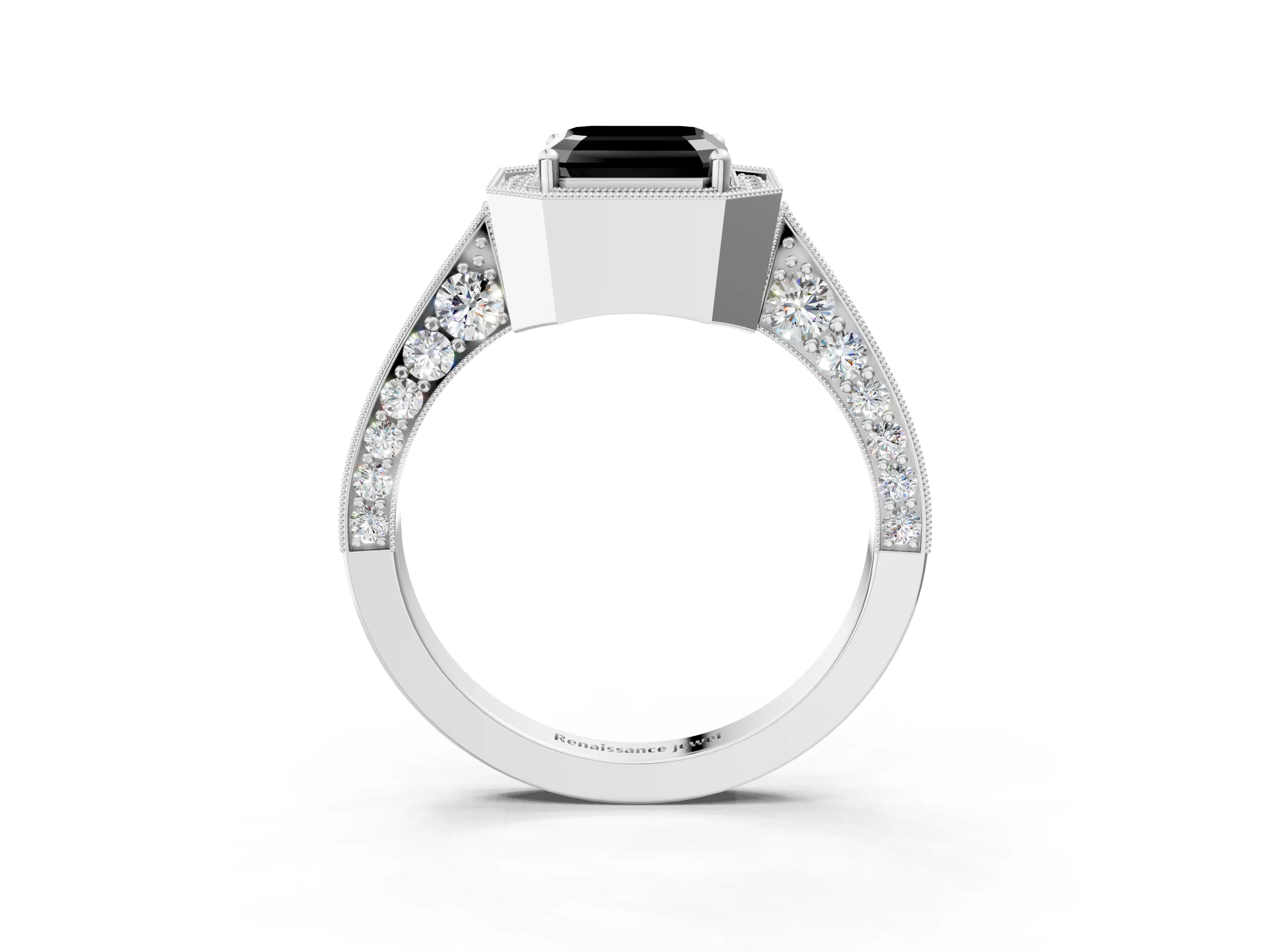 White gold Fancy Black Asscher Cut Halo Diamond Engagement Ring with Split Shank Band and Four-Prong Setting_15