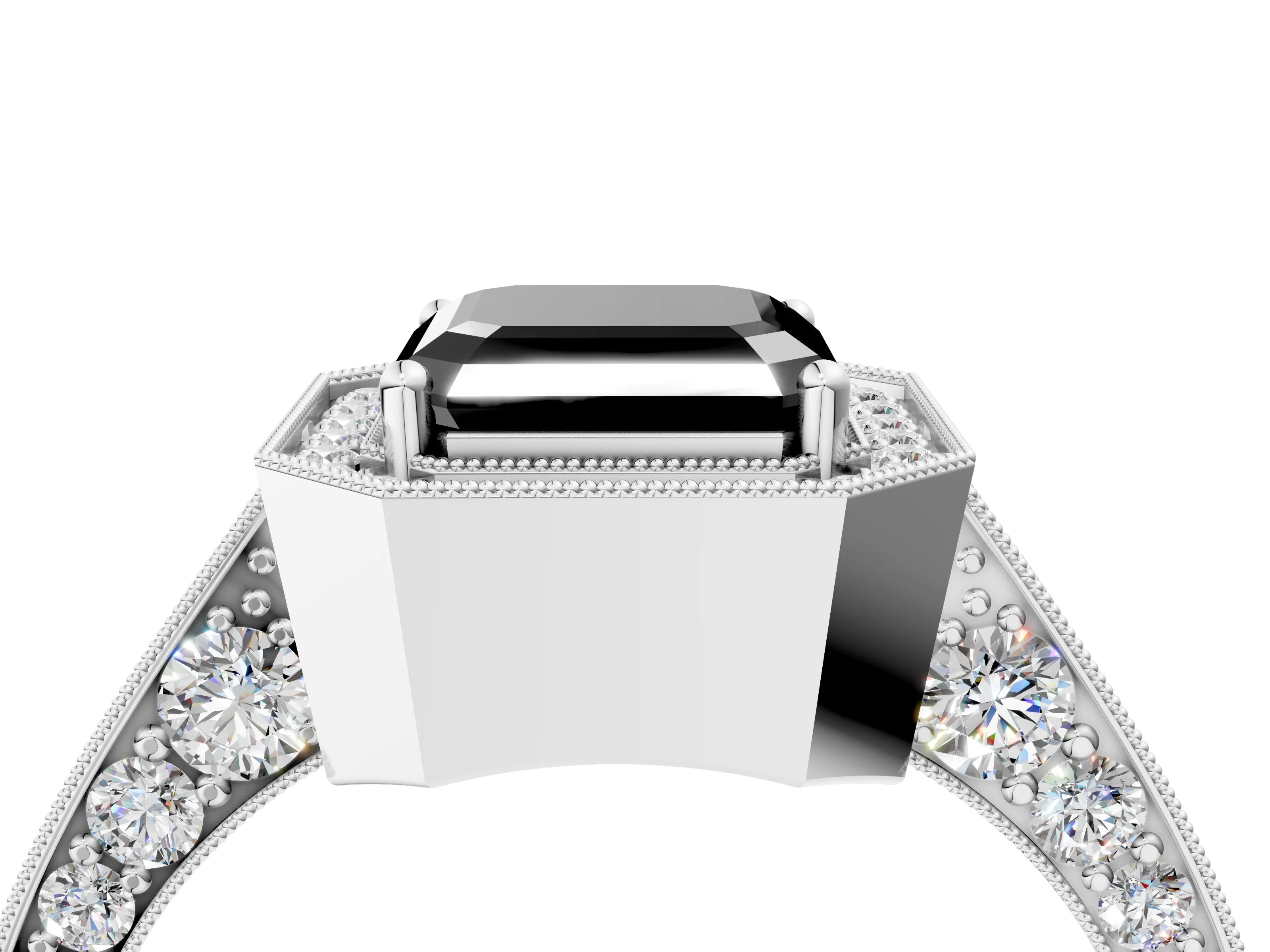 White gold Fancy Black Asscher Cut Halo Diamond Engagement Ring with Split Shank Band and Four-Prong Setting_16