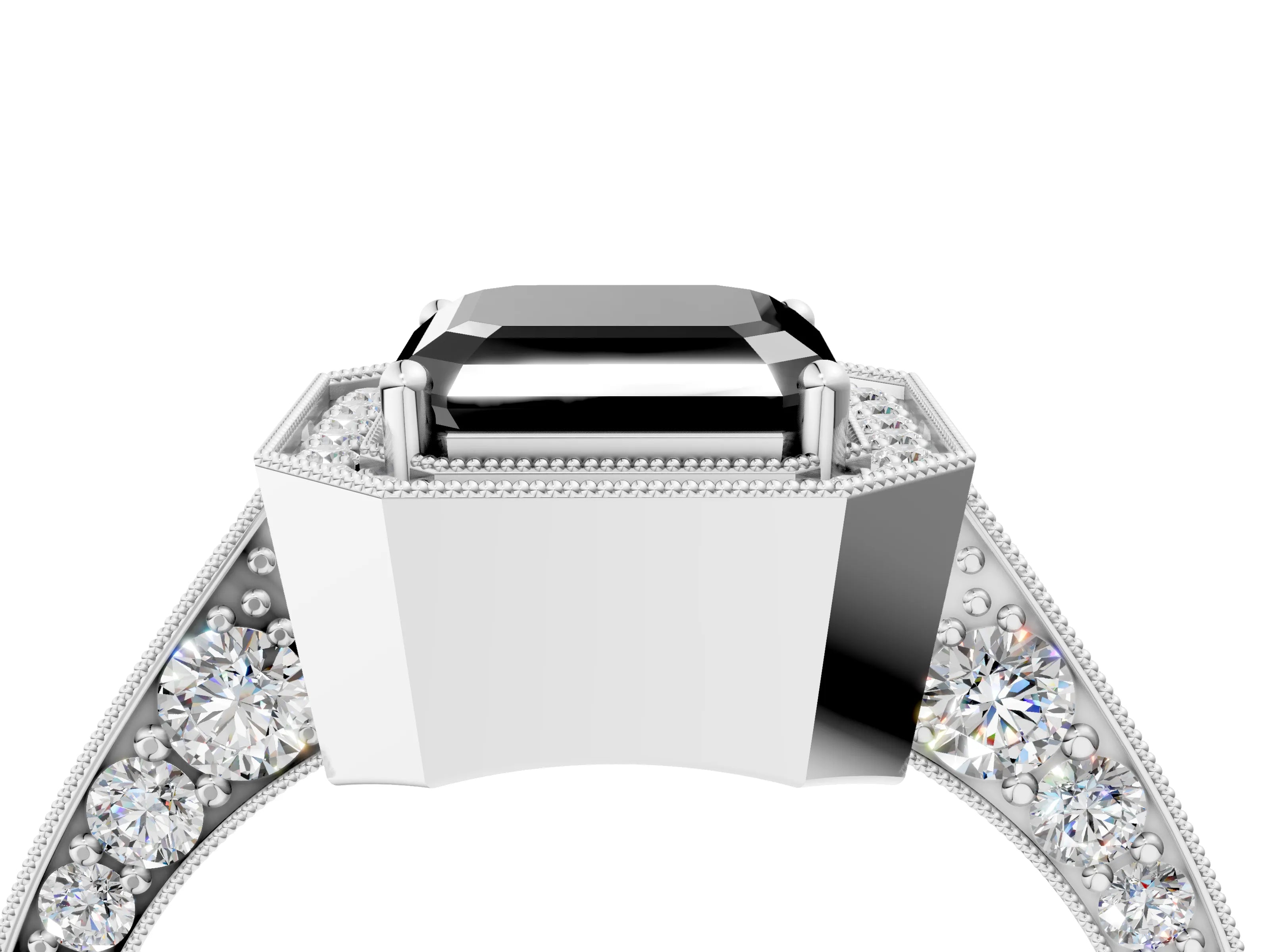 White gold Fancy Black Asscher Cut Halo Diamond Engagement Ring with Split Shank Band and Four-Prong Setting_4