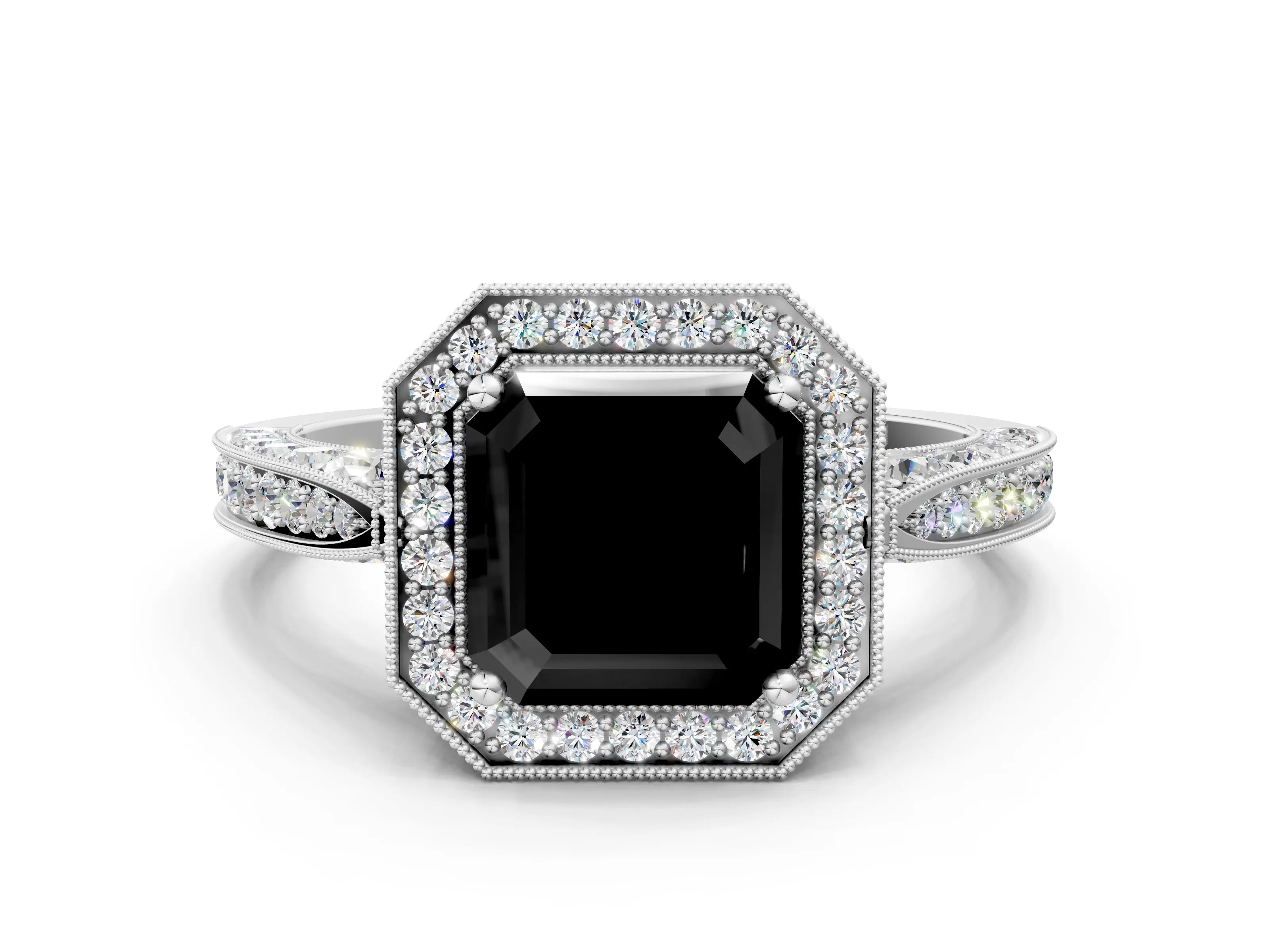 White gold Fancy Black Asscher Cut Halo Diamond Engagement Ring with Split Shank Band and Four-Prong Setting