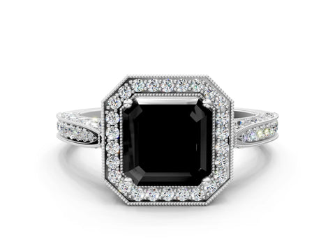 White gold Fancy Black Asscher Cut Halo Diamond Engagement Ring with Split Shank Band and Four-Prong Setting