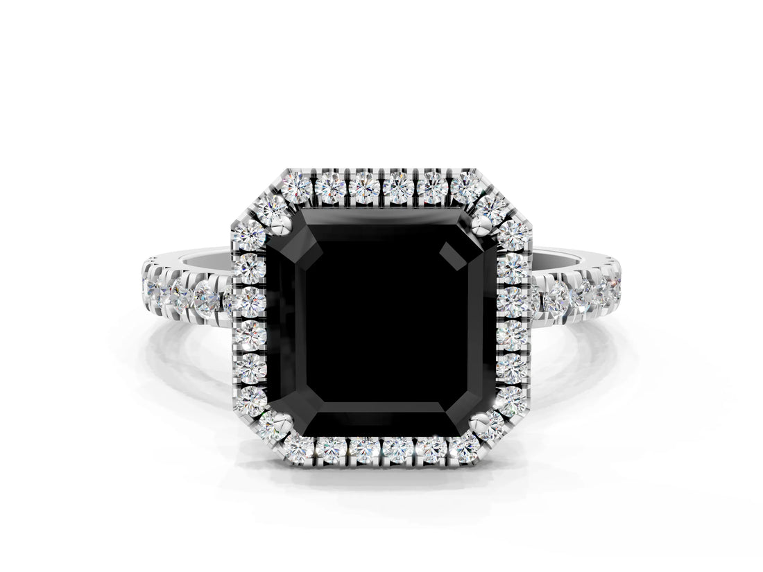 White gold Fancy Black Asscher Cut Halo Diamond Pave Band with Prong Setting_12