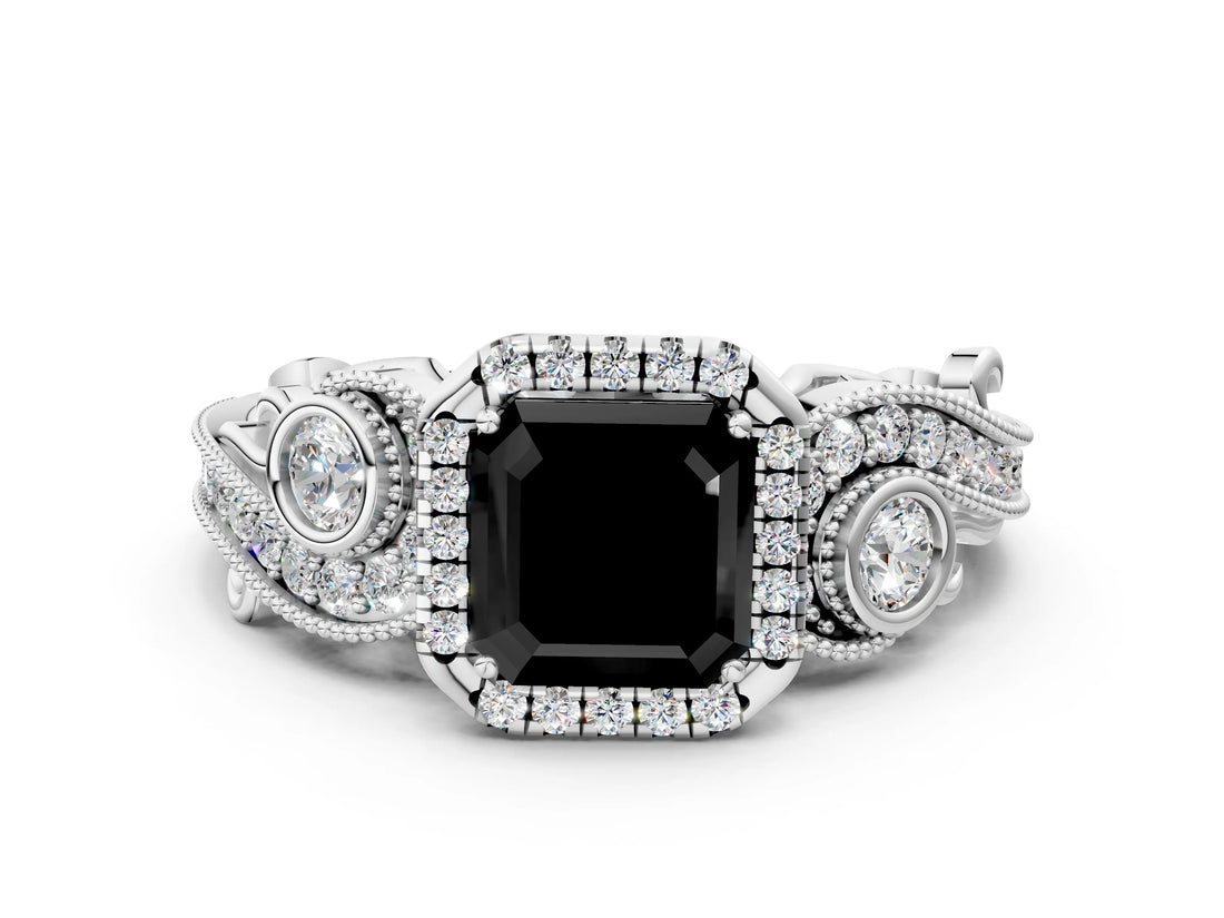 White gold Fancy Black Asscher Cut Halo Diamond Ring with Milgrain and Bezel Accents on a Split Shank Band_12