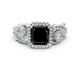 White gold Fancy Black Asscher Cut Halo Diamond Ring with Milgrain and Bezel Accents on a Split Shank Band_12