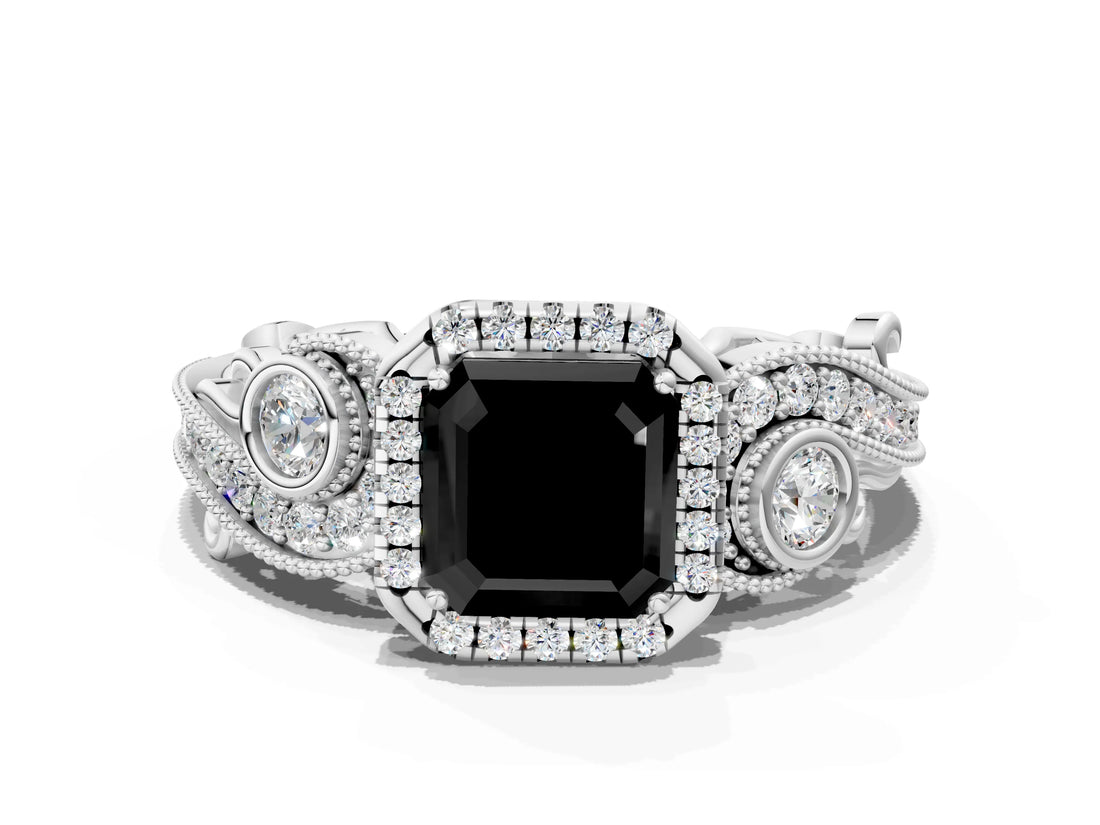 White gold Fancy Black Asscher Cut Halo Diamond Ring with Milgrain and Bezel Accents on a Split Shank Band_12
