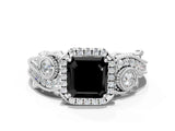 White gold Fancy Black Asscher Cut Halo Diamond Ring with Milgrain and Bezel Accents on a Split Shank Band_12