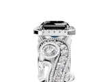 White gold Fancy Black Asscher Cut Halo Diamond Ring with Milgrain and Bezel Accents on a Split Shank Band_17