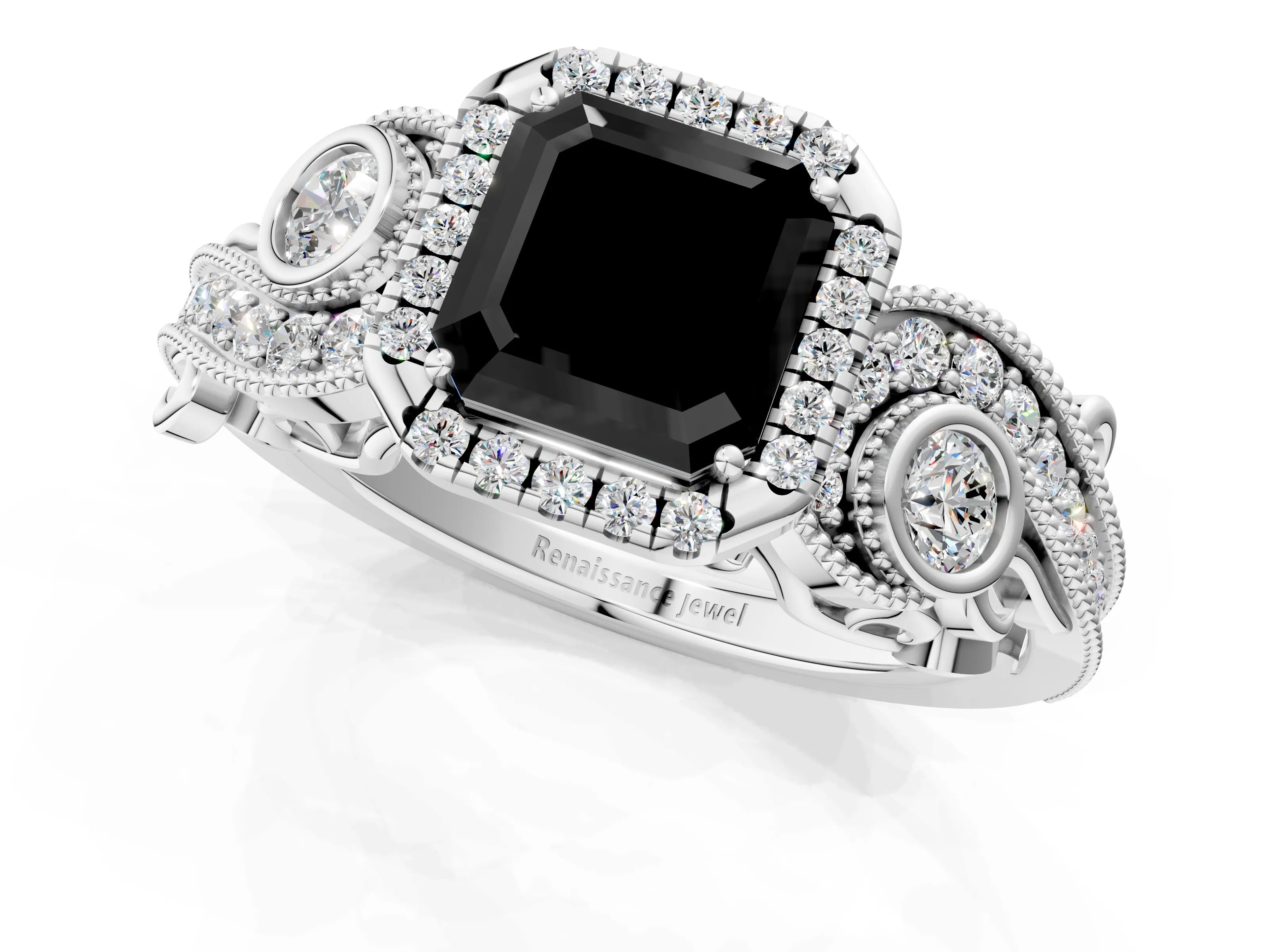 White gold Fancy Black Asscher Cut Halo Diamond Ring with Milgrain and Bezel Accents on a Split Shank Band_1