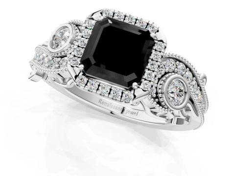 White gold Fancy Black Asscher Cut Halo Diamond Ring with Milgrain and Bezel Accents on a Split Shank Band_1
