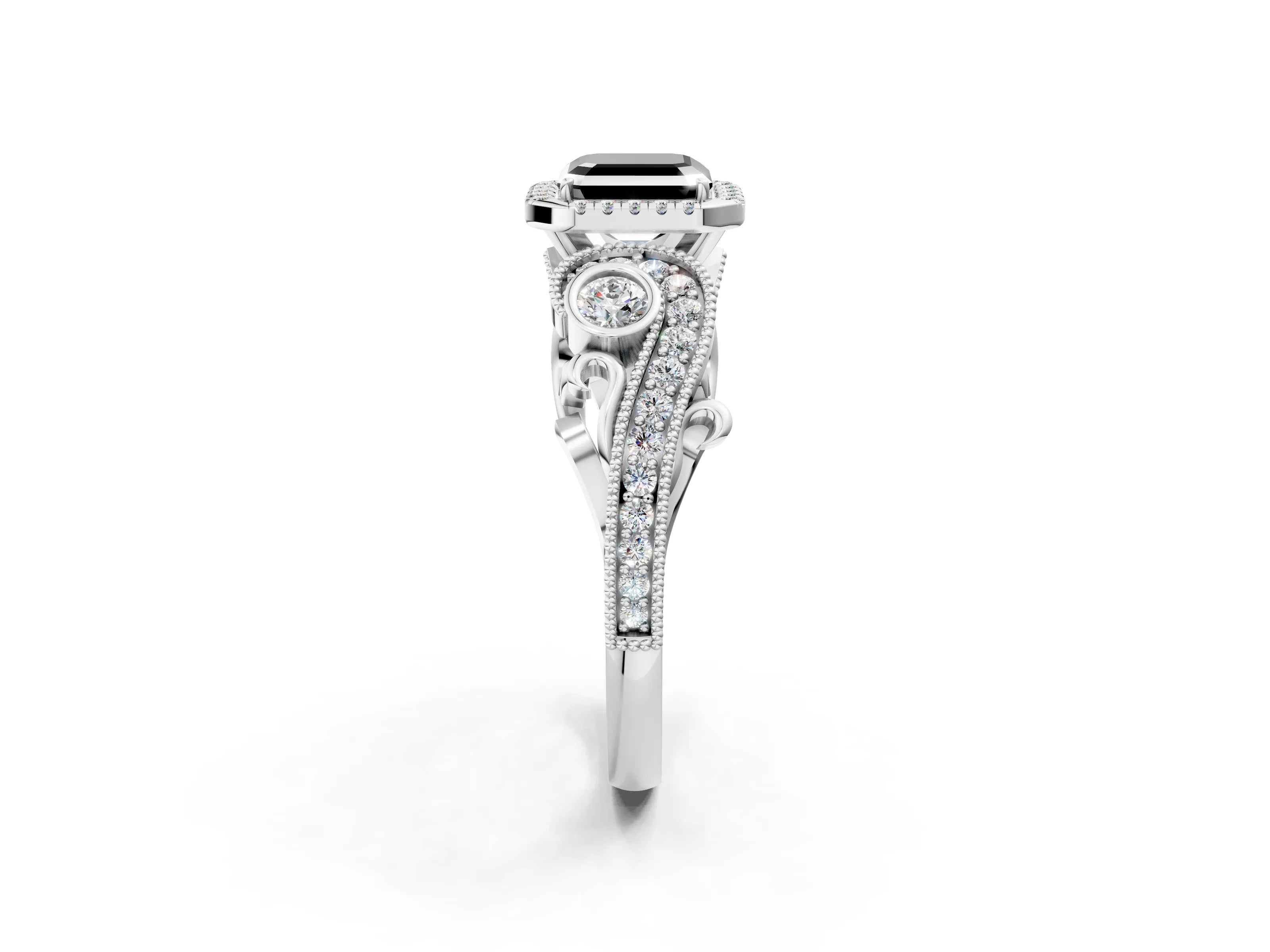 White gold Fancy Black Asscher Cut Halo Diamond Ring with Milgrain and Bezel Accents on a Split Shank Band_2