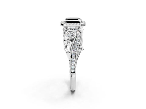 White gold Fancy Black Asscher Cut Halo Diamond Ring with Milgrain and Bezel Accents on a Split Shank Band_2