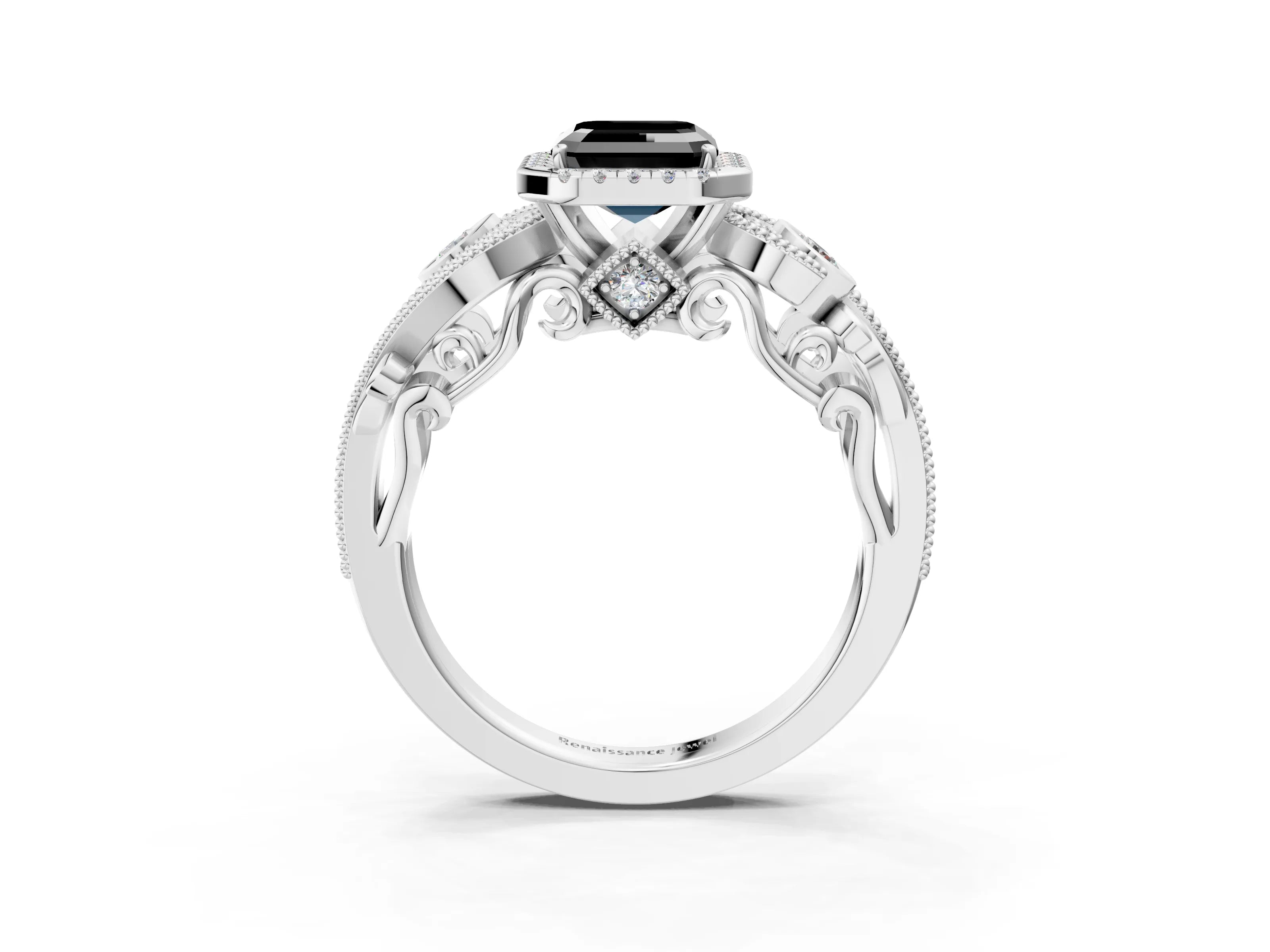 White gold Fancy Black Asscher Cut Halo Diamond Ring with Milgrain and Bezel Accents on a Split Shank Band_3