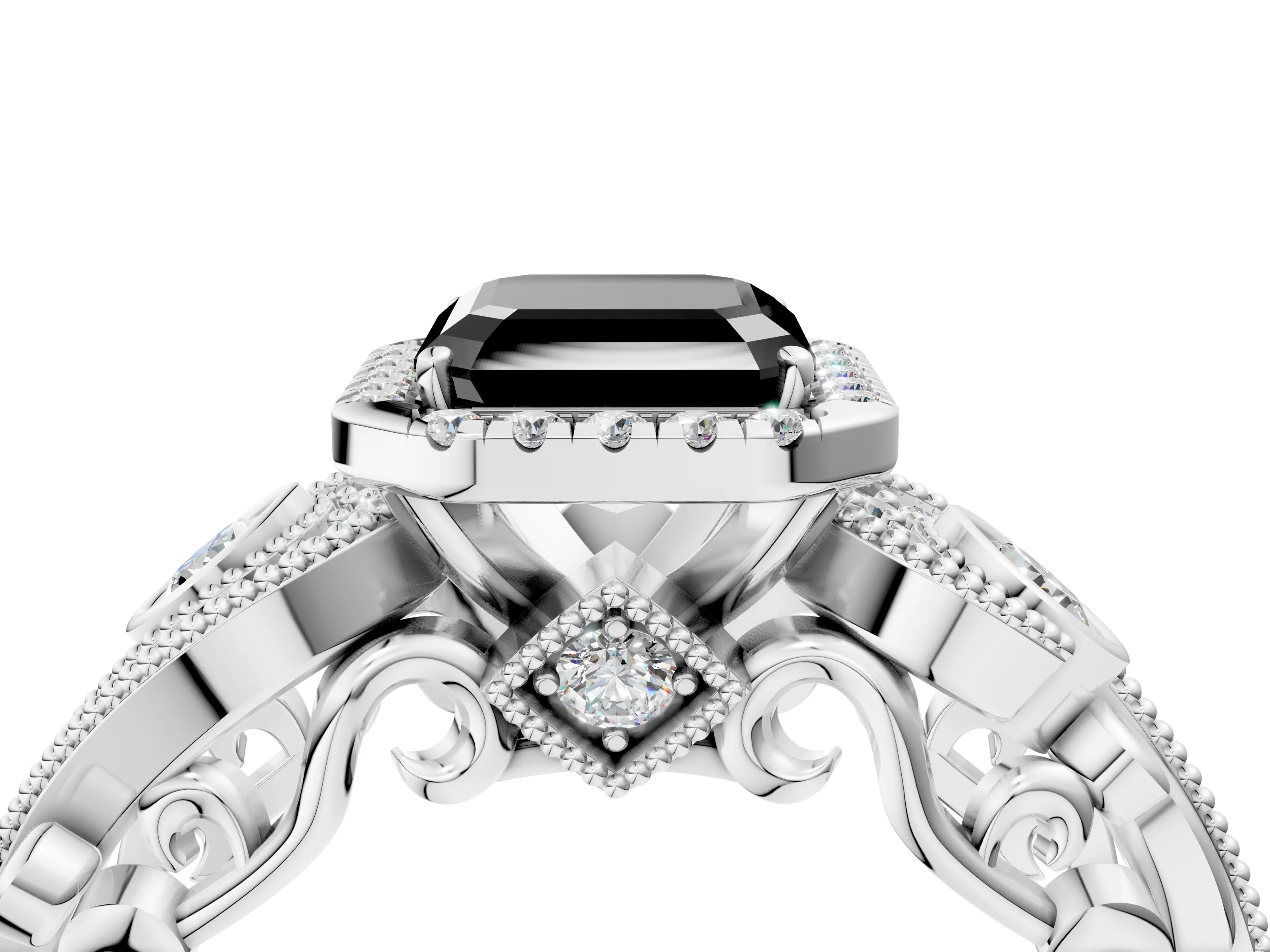 White gold Fancy Black Asscher Cut Halo Diamond Ring with Milgrain and Bezel Accents on a Split Shank Band_4