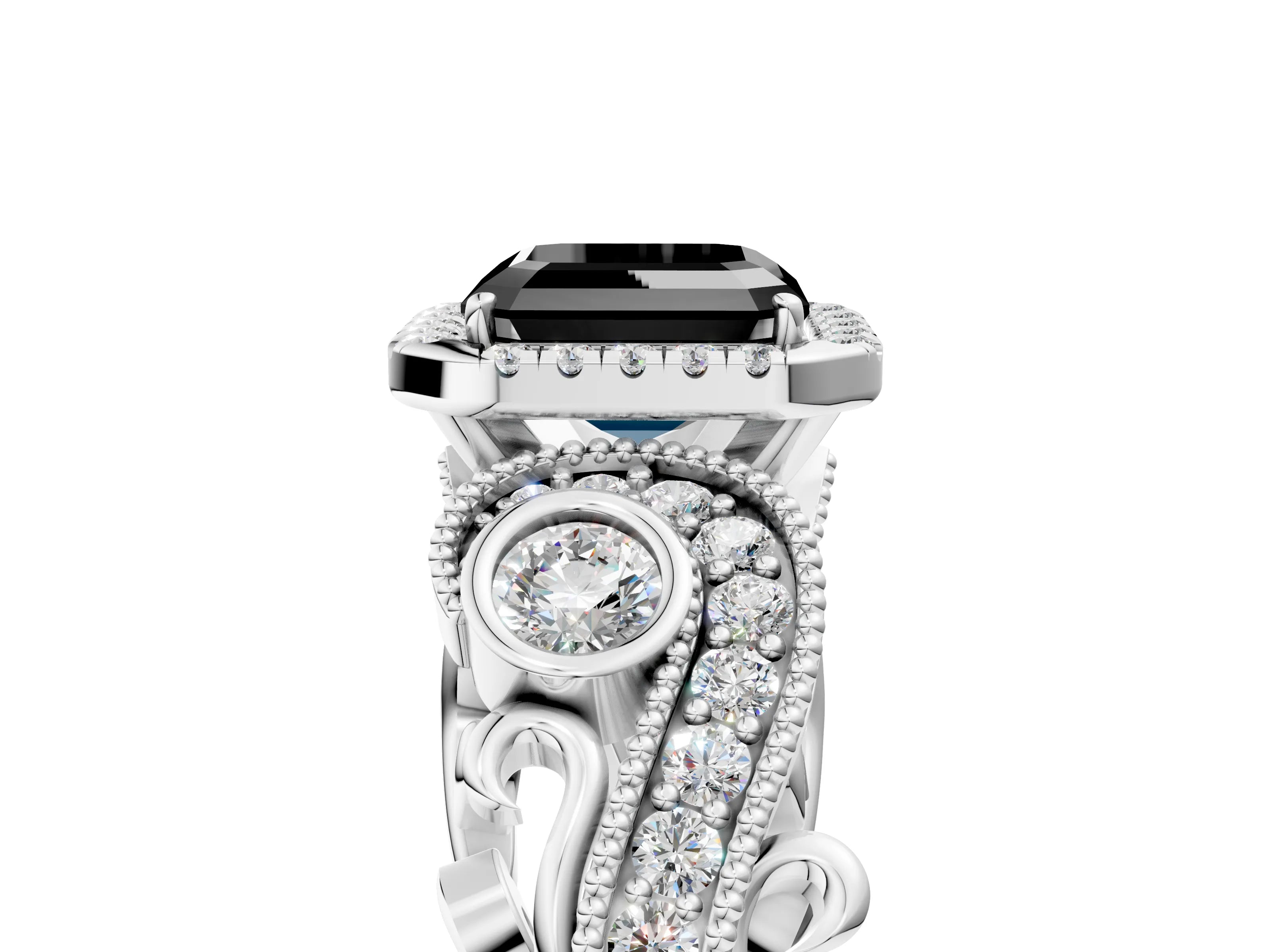 White gold Fancy Black Asscher Cut Halo Diamond Ring with Milgrain and Bezel Accents on a Split Shank Band_5