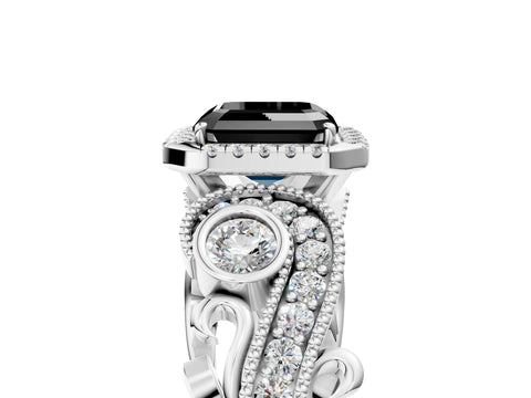 White gold Fancy Black Asscher Cut Halo Diamond Ring with Milgrain and Bezel Accents on a Split Shank Band_5