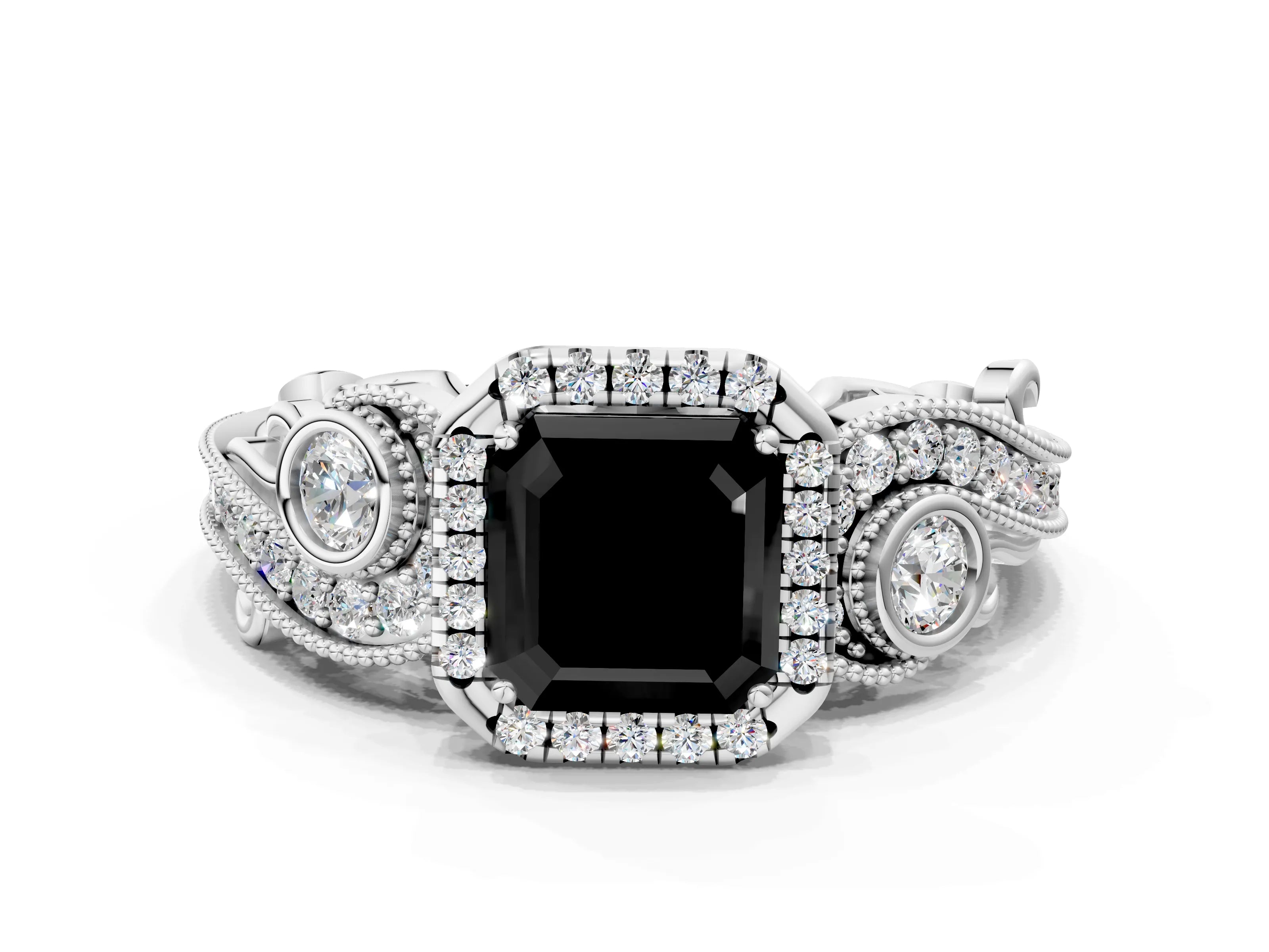 White gold Fancy Black Asscher Cut Halo Diamond Ring with Milgrain and Bezel Accents on a Split Shank Band