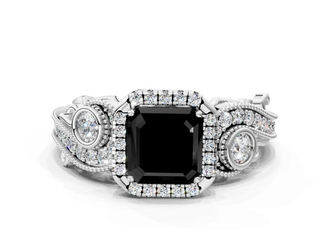 White gold Fancy Black Asscher Cut Halo Diamond Ring with Milgrain and Bezel Accents on a Split Shank Band