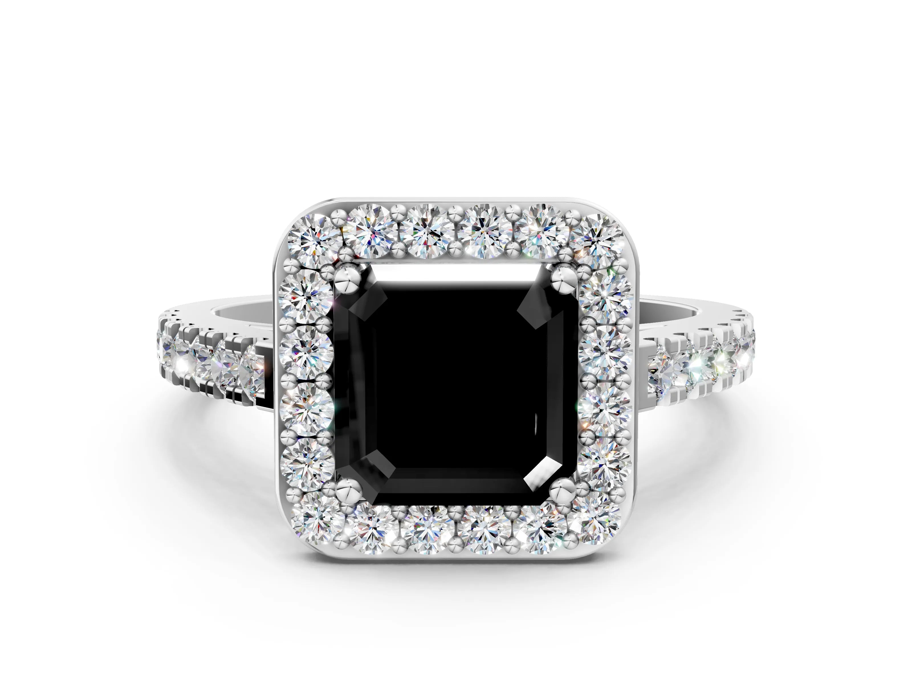 White gold Fancy Black Asscher Cut Halo Diamond Ring with Pavé Band and Three-Prong Setting