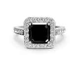 White gold Fancy Black Asscher Cut Halo Diamond Ring with Pavé Band and Three-Prong Setting