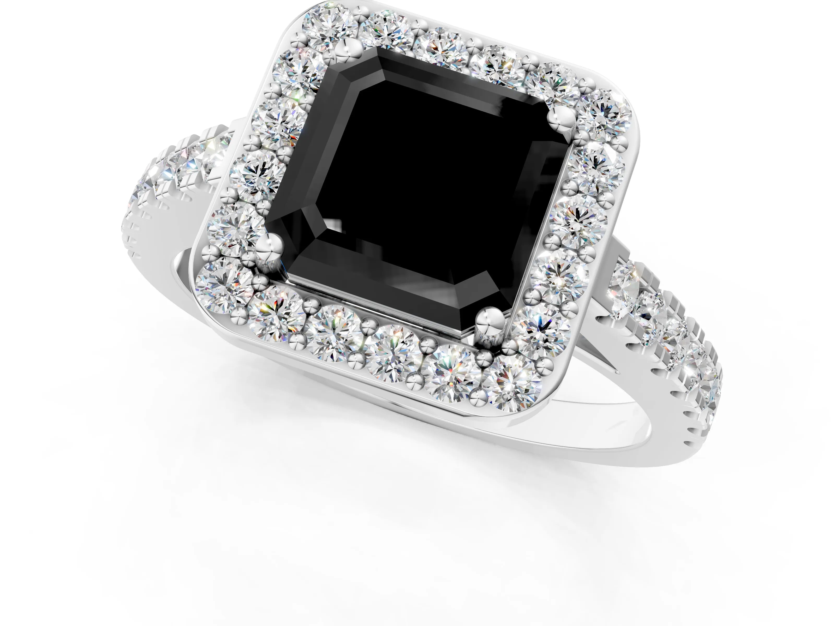 White gold Fancy Black Asscher Cut Halo Diamond Ring with Pavé Band and Three-Prong Setting_1